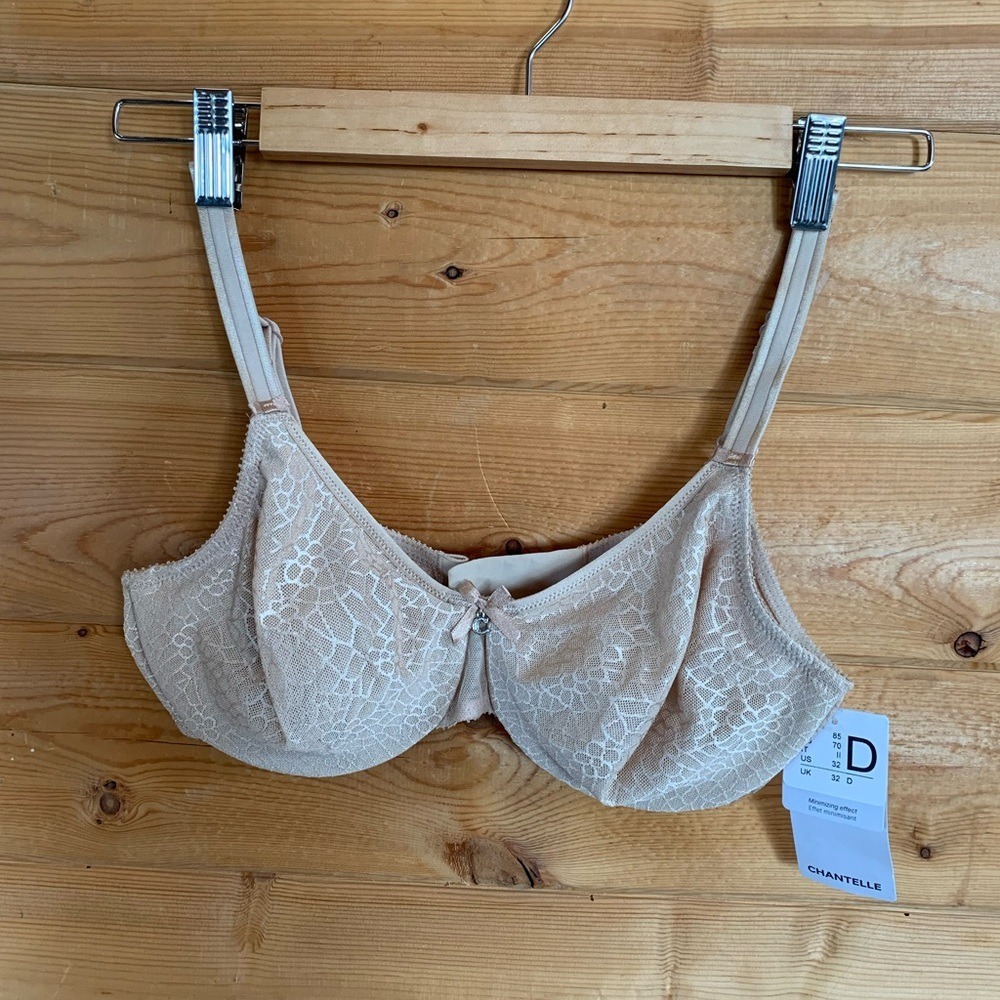 NEW Chantelle Nude Lace Bra 32D Magnifique Satin Gold Tan Sheer Floral